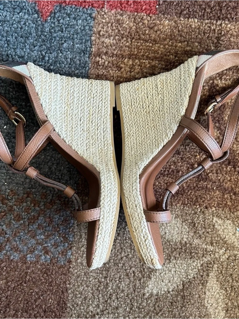 Burberry Brown Leather And Rope Espadrille Wedge Sandals House Check